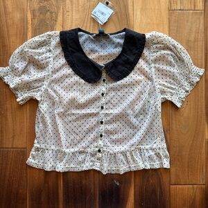 American Eagle Outfitters Polka Dot Puff Sleeve Blouse with Black Collar